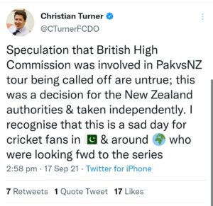 UK not involved in Pak-NZ cricket series cancellation: British High Commissioner