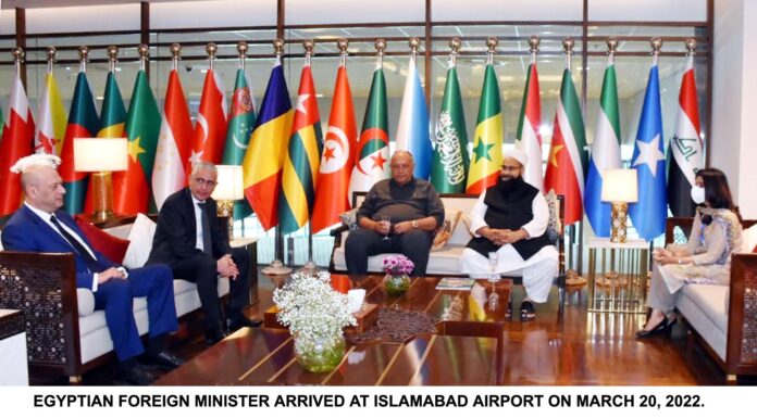 EGYPTIAN FOREIGN MINISTER ARRIVED AT ISLAMABAD AIRPORT ON MARCH 20, 2022.